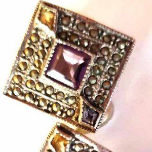 Judith Jack Amethyst Marcasite Art Decco style square clip earrings